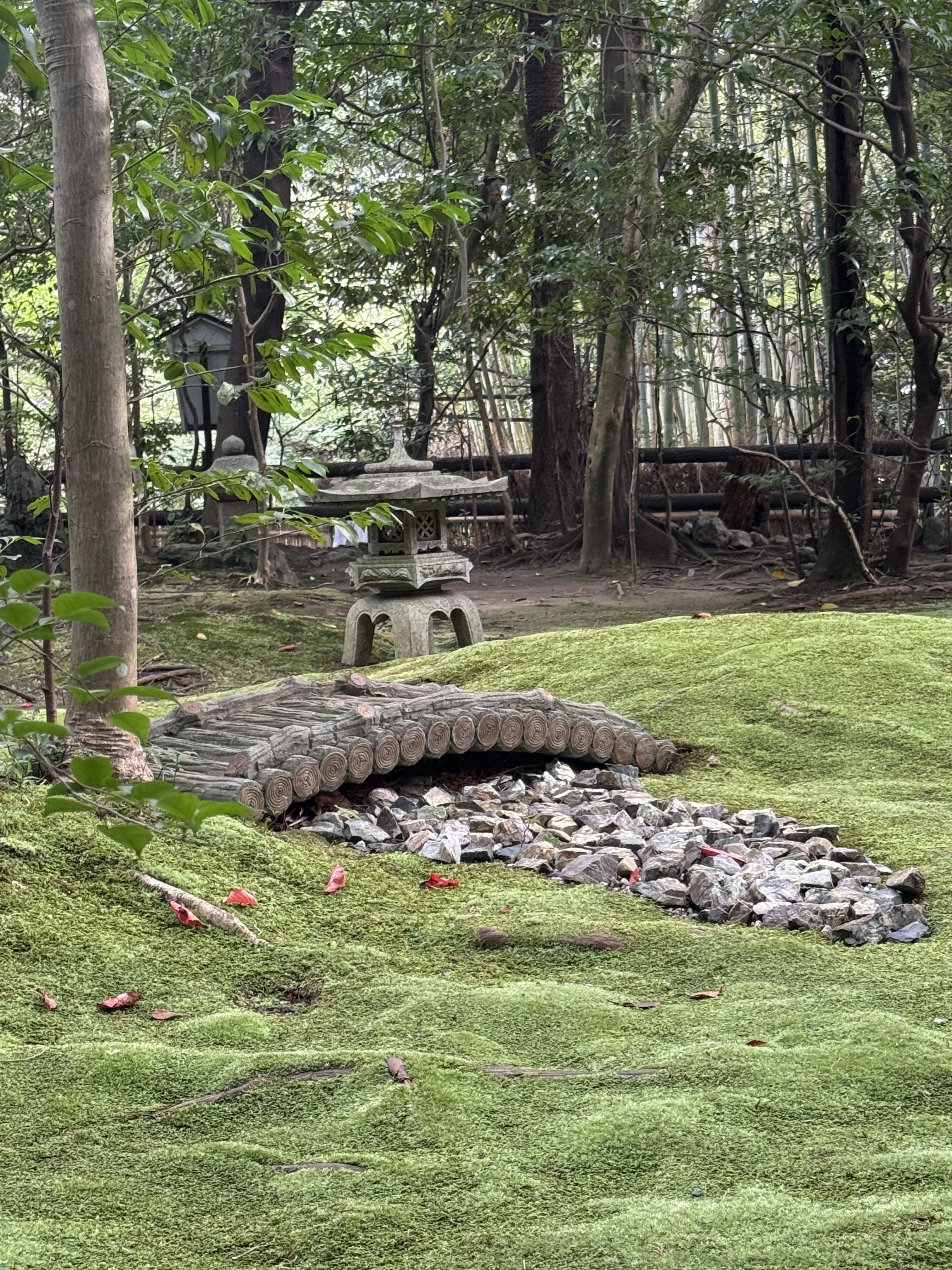 Log bridge over a stone-filled channel in a moss garden