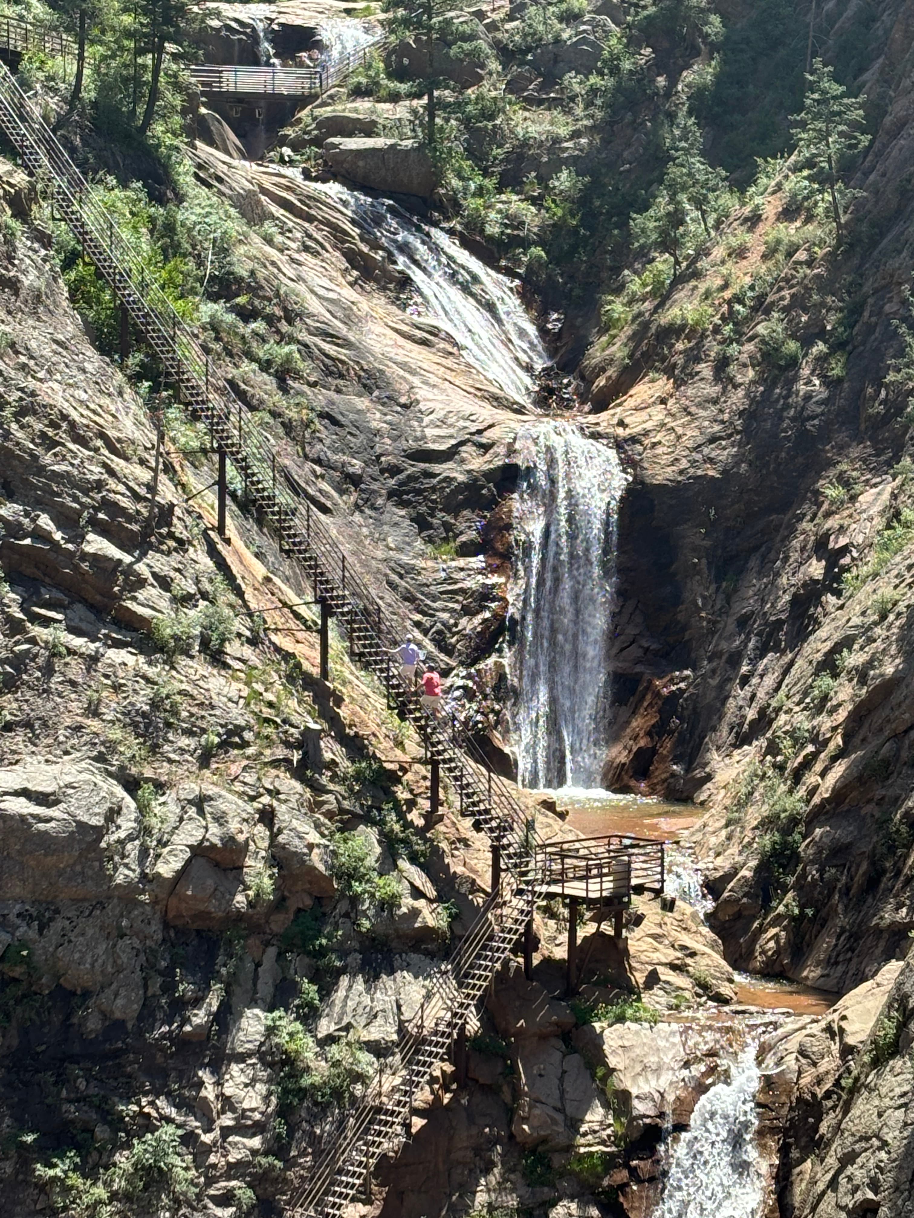 Cascading waterfall flowing through rocky terrain and forest